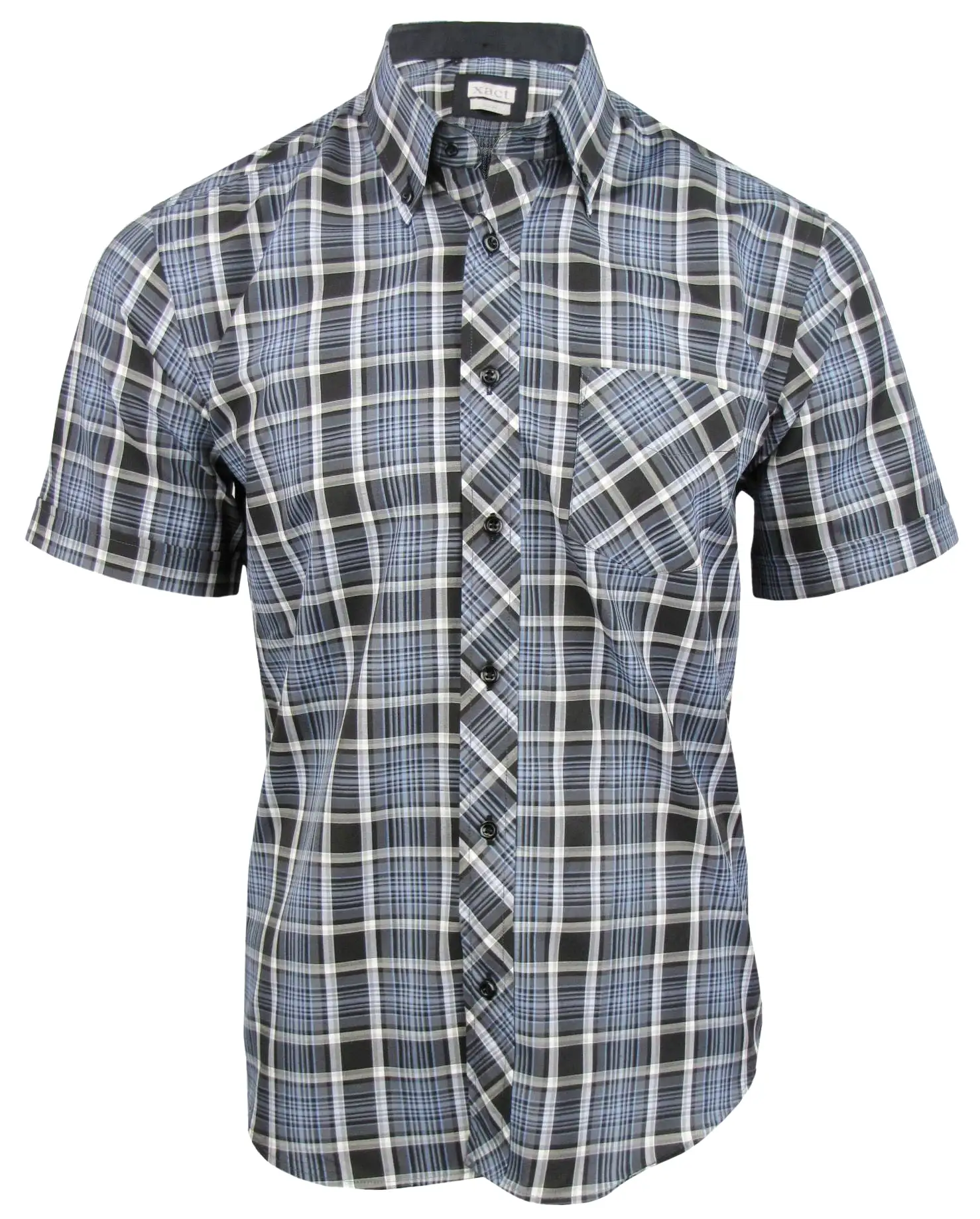 Mens Short Sleeve Check Shirt Button Down Collar Slim Fit By Xact