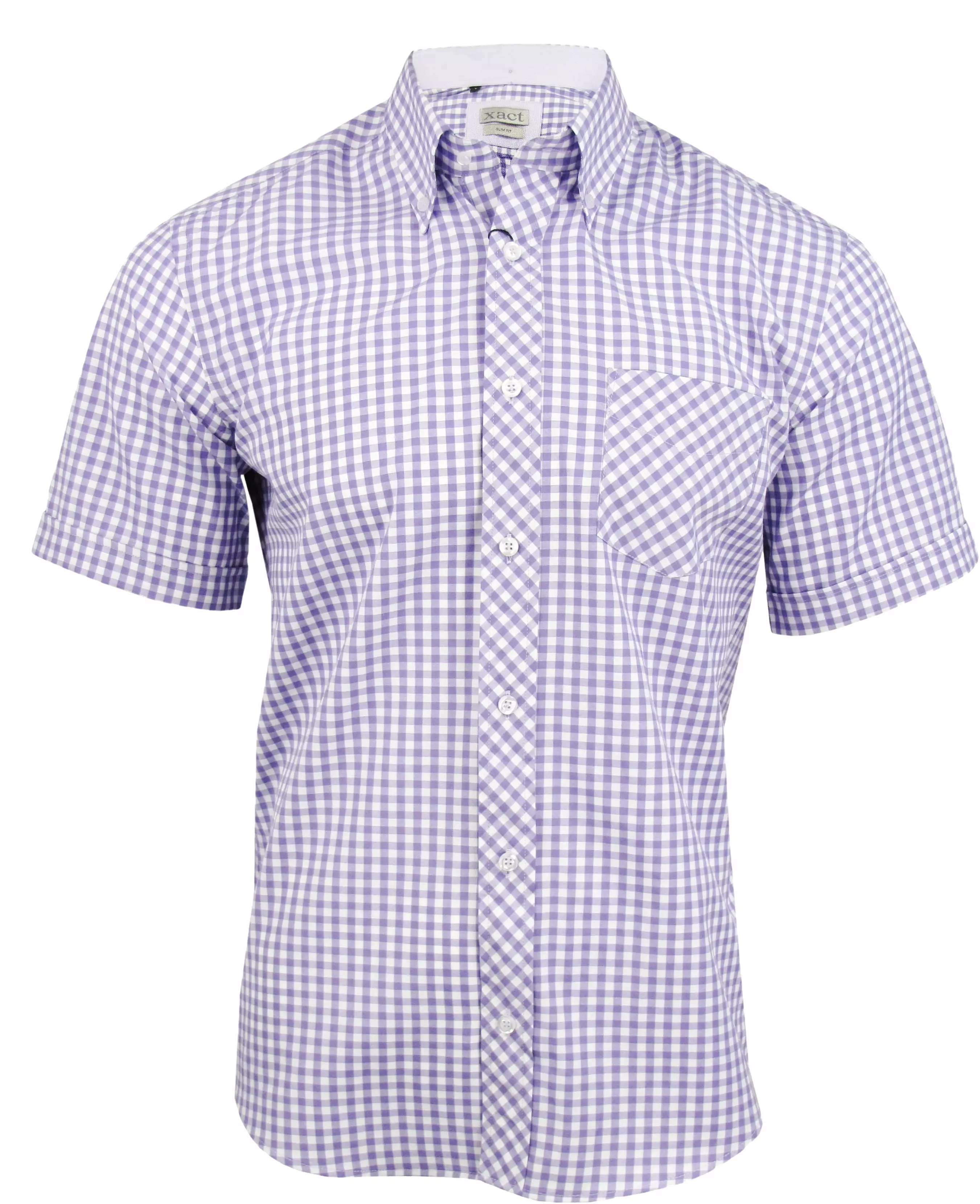 Mens Short Sleeve Gingham Check Shirt Button Down Collar Slim Fit By Xact