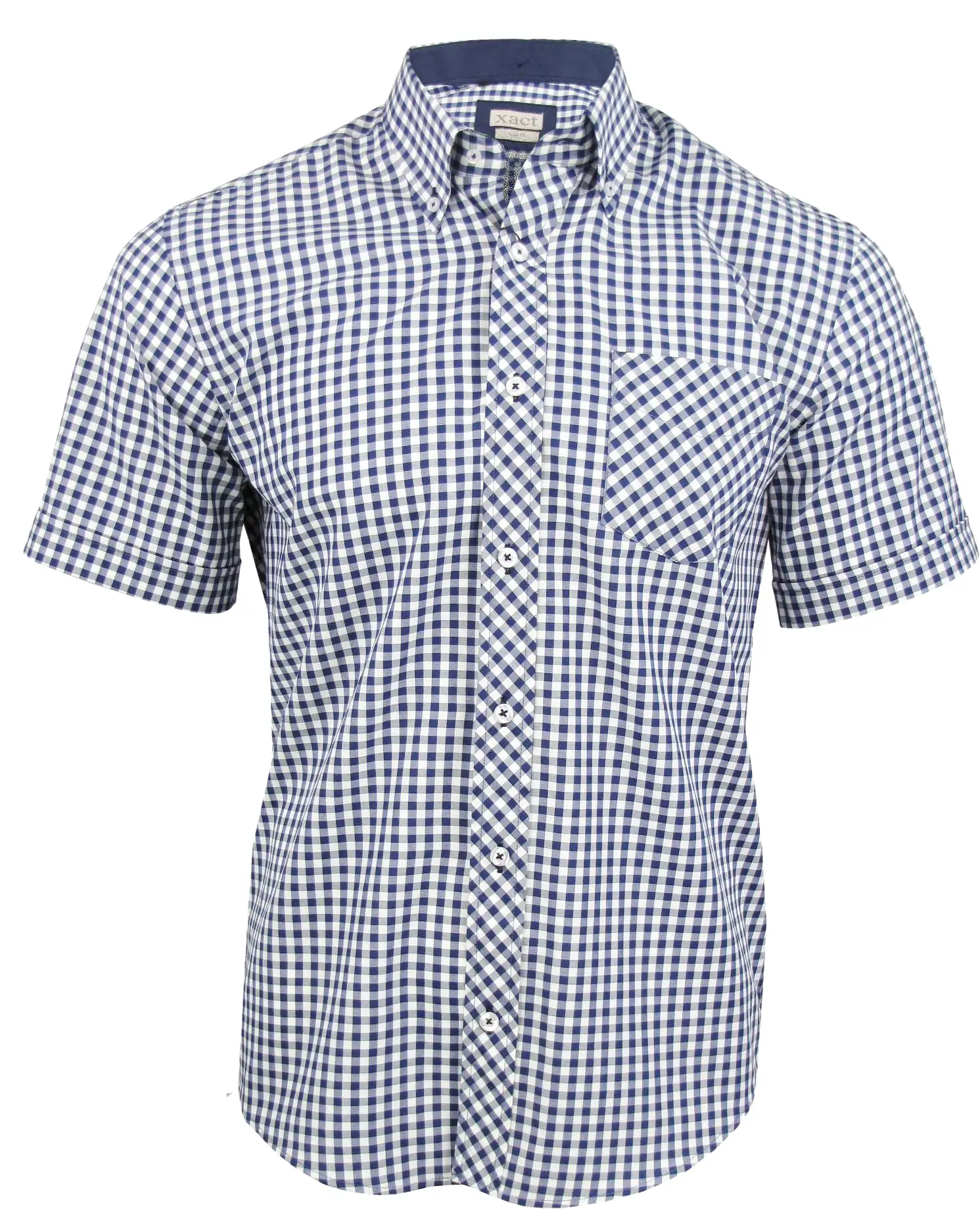 Mens Short Sleeve Gingham Check Shirt Button Down Collar Slim Fit By Xact