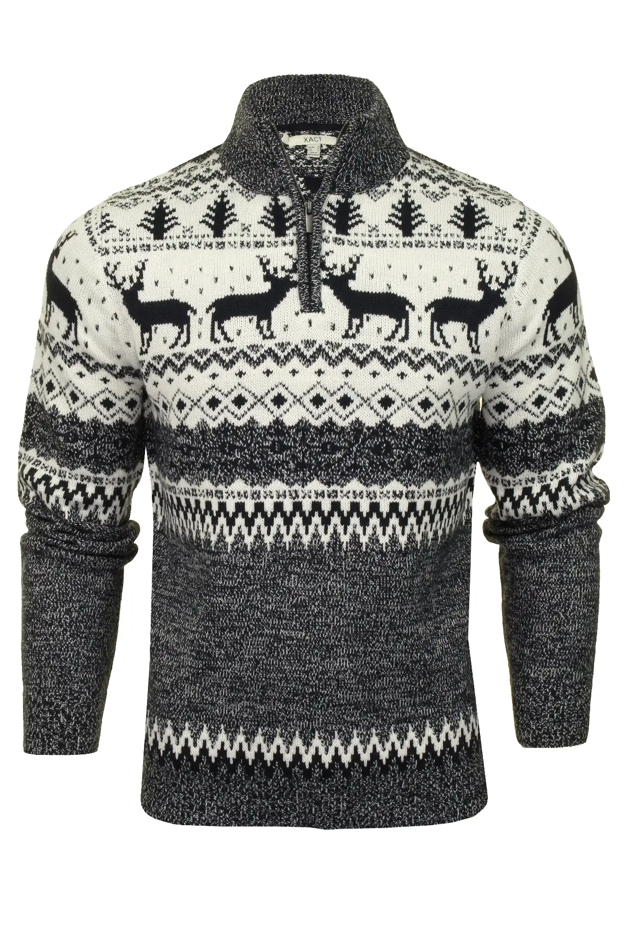 Mens Xact Xmas Christmas Jumper 'Reindeer Fairisle Quarter Zip Crew'