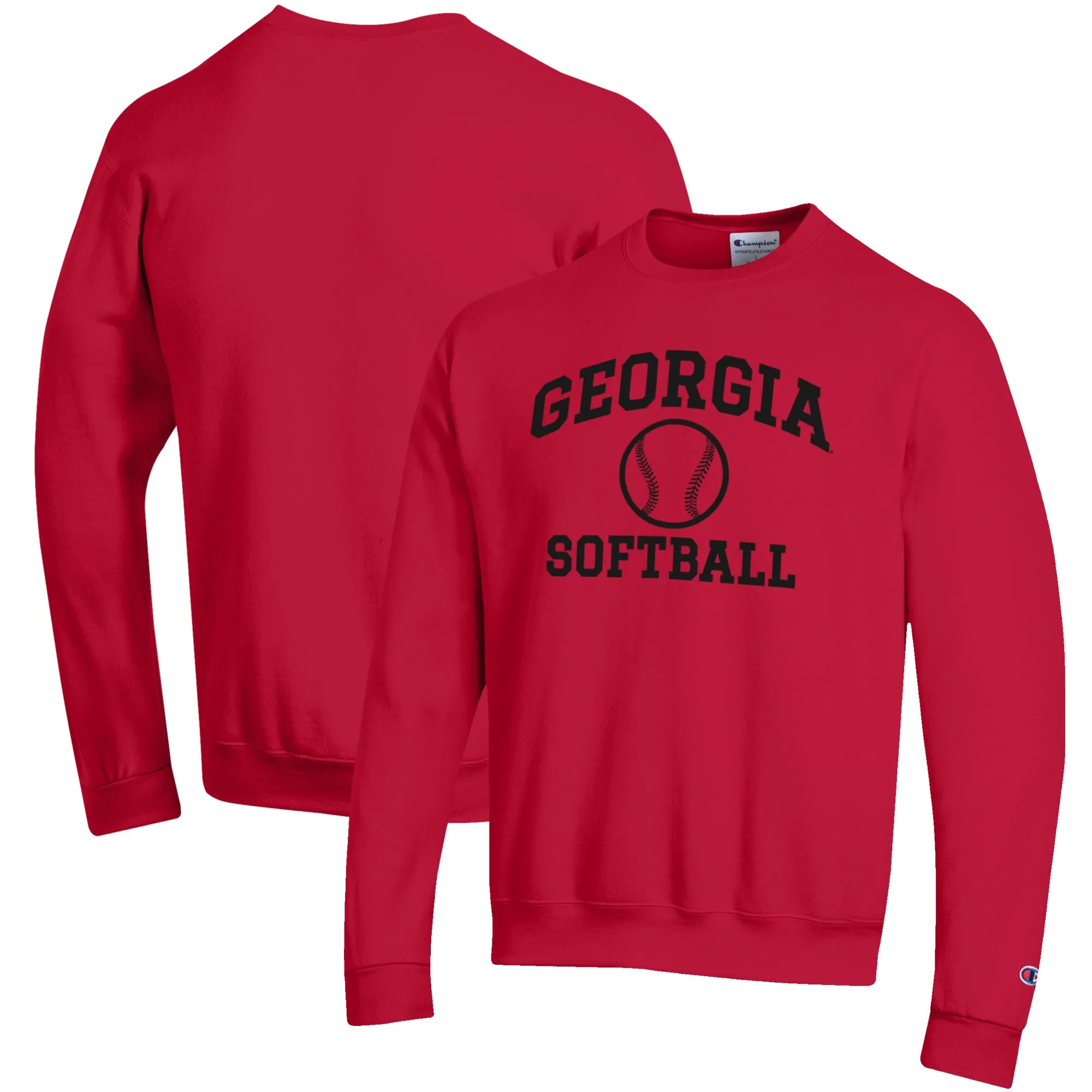 Men's Champion Red Georgia Bulldogs Softball Icon Crewneck Pullover Sweatshirt