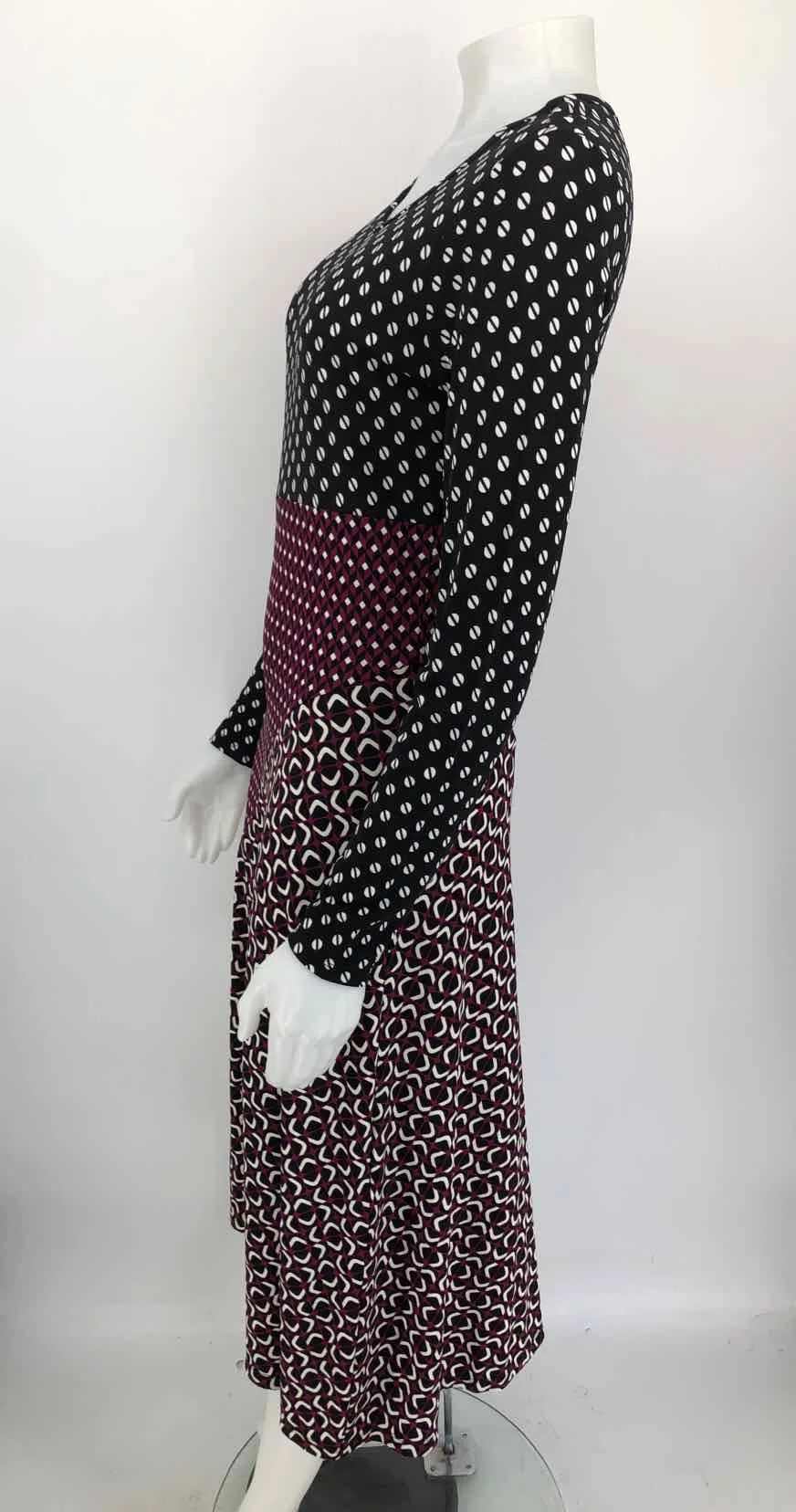 MICHAEL KORS Black & White Wine Multi Print Longsleeve Size 8  (M) Dress