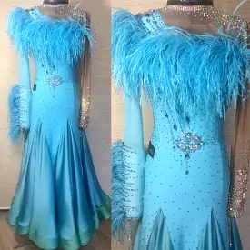 New Blue Sponsored Ballroom Dress with Feathers