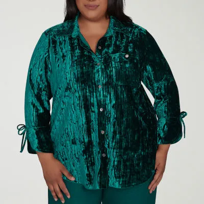 new!Alfred Dunner Plus Emerald Isle Womens 3/4 Sleeve Regular Fit Button-Down Shirt