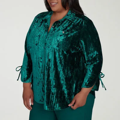 new!Alfred Dunner Plus Emerald Isle Womens 3/4 Sleeve Regular Fit Button-Down Shirt