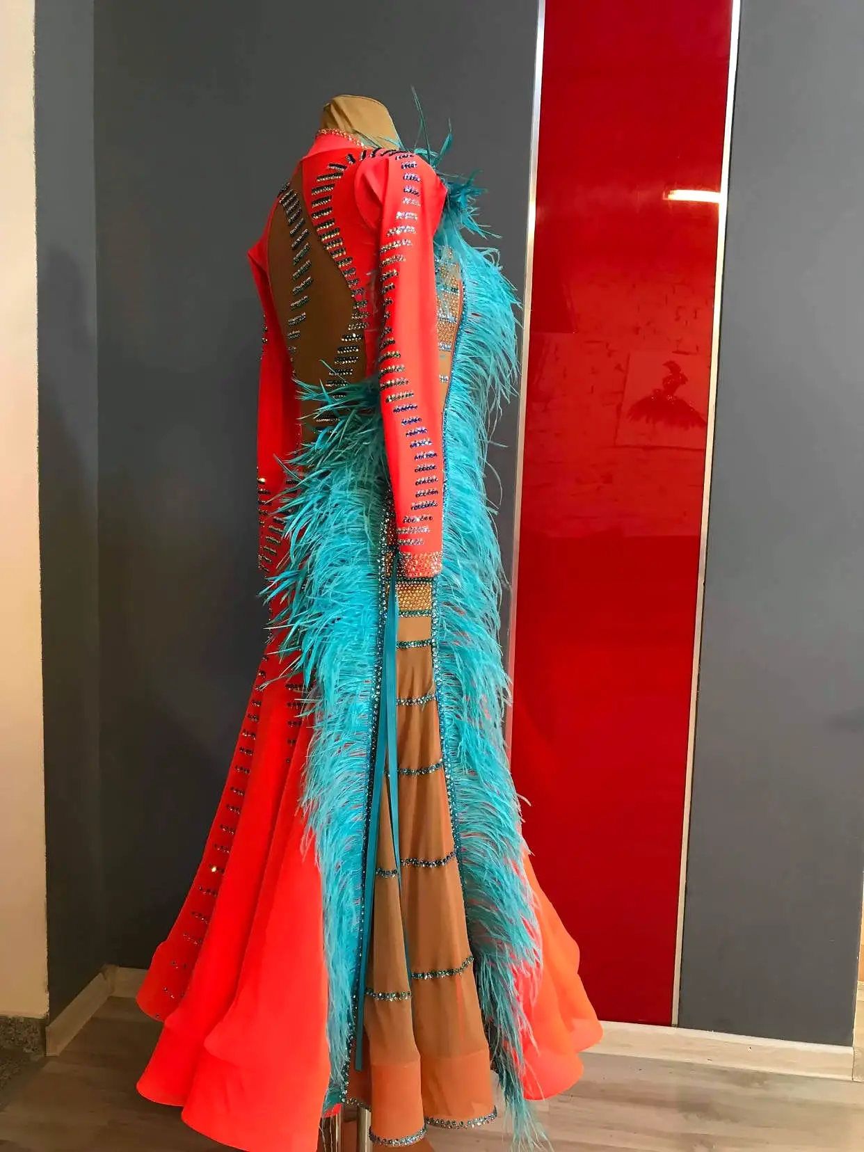 Orange Ballroom Dress with Blue Feathers