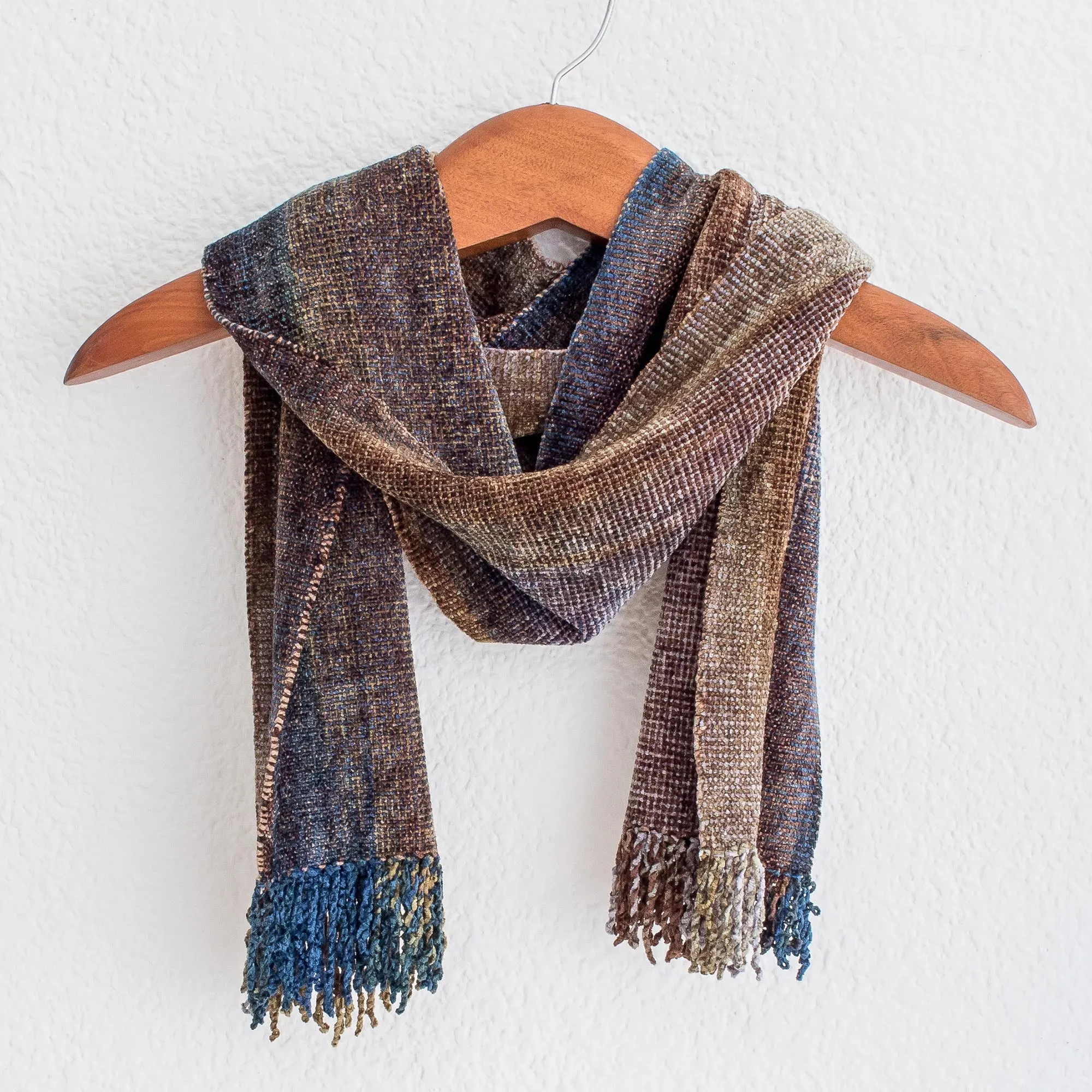 Paths Earth-Tone Rayon Chenille Scarf from Guatemala