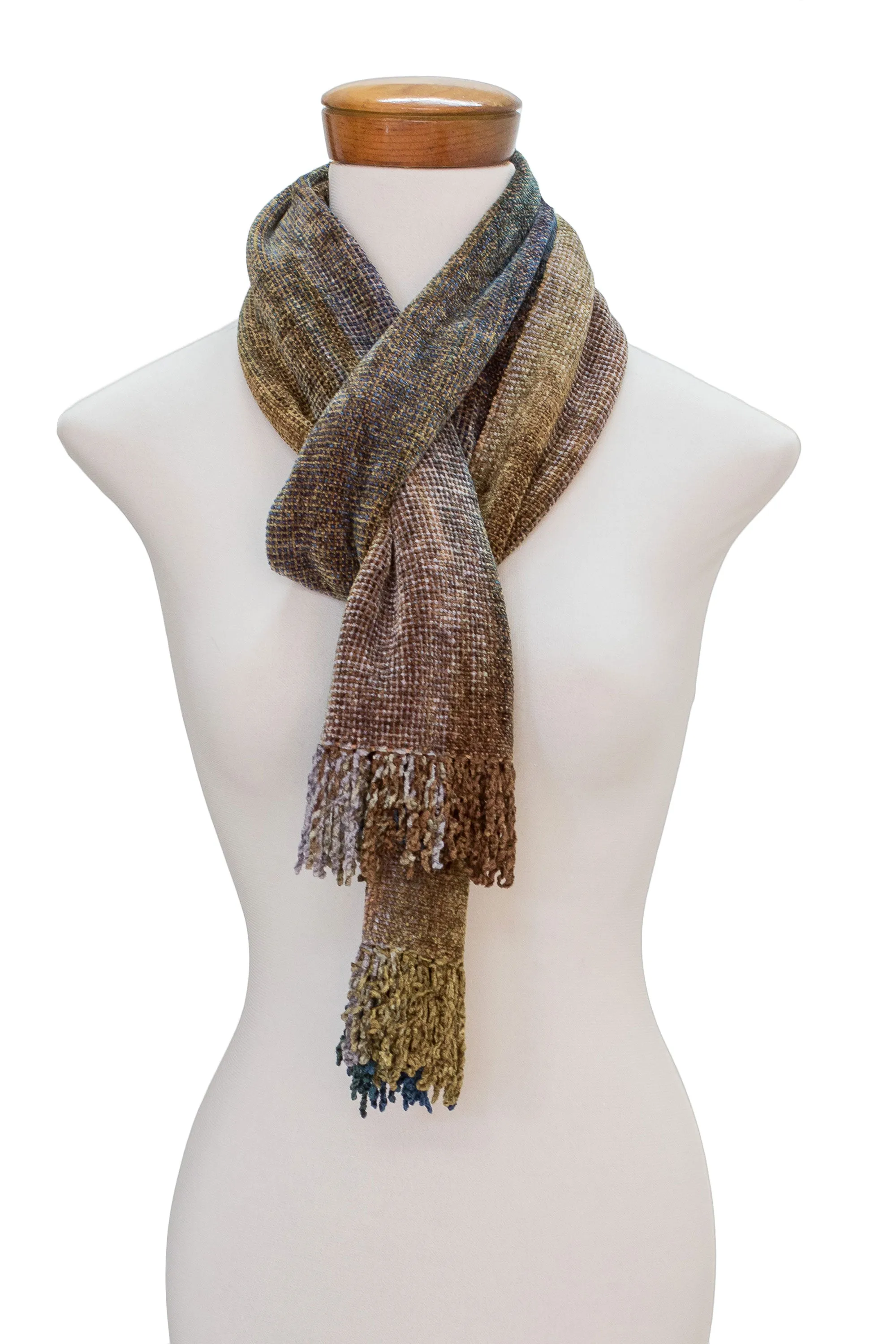 Paths Earth-Tone Rayon Chenille Scarf from Guatemala