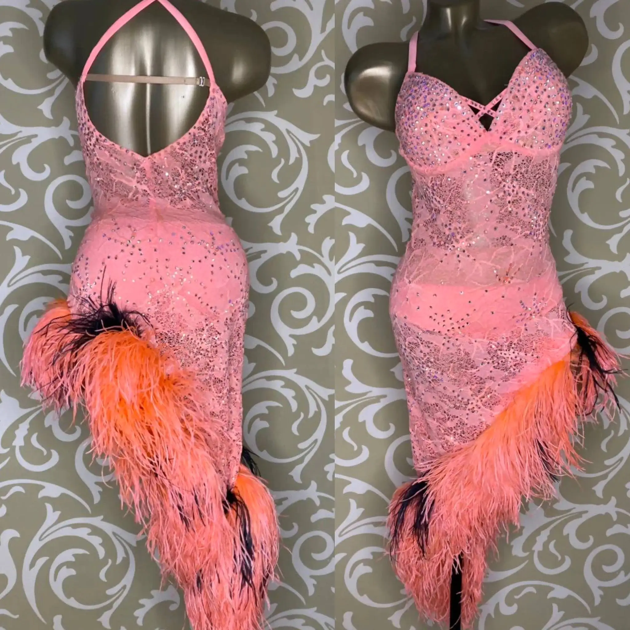 Peach Latin Dress with Feathers