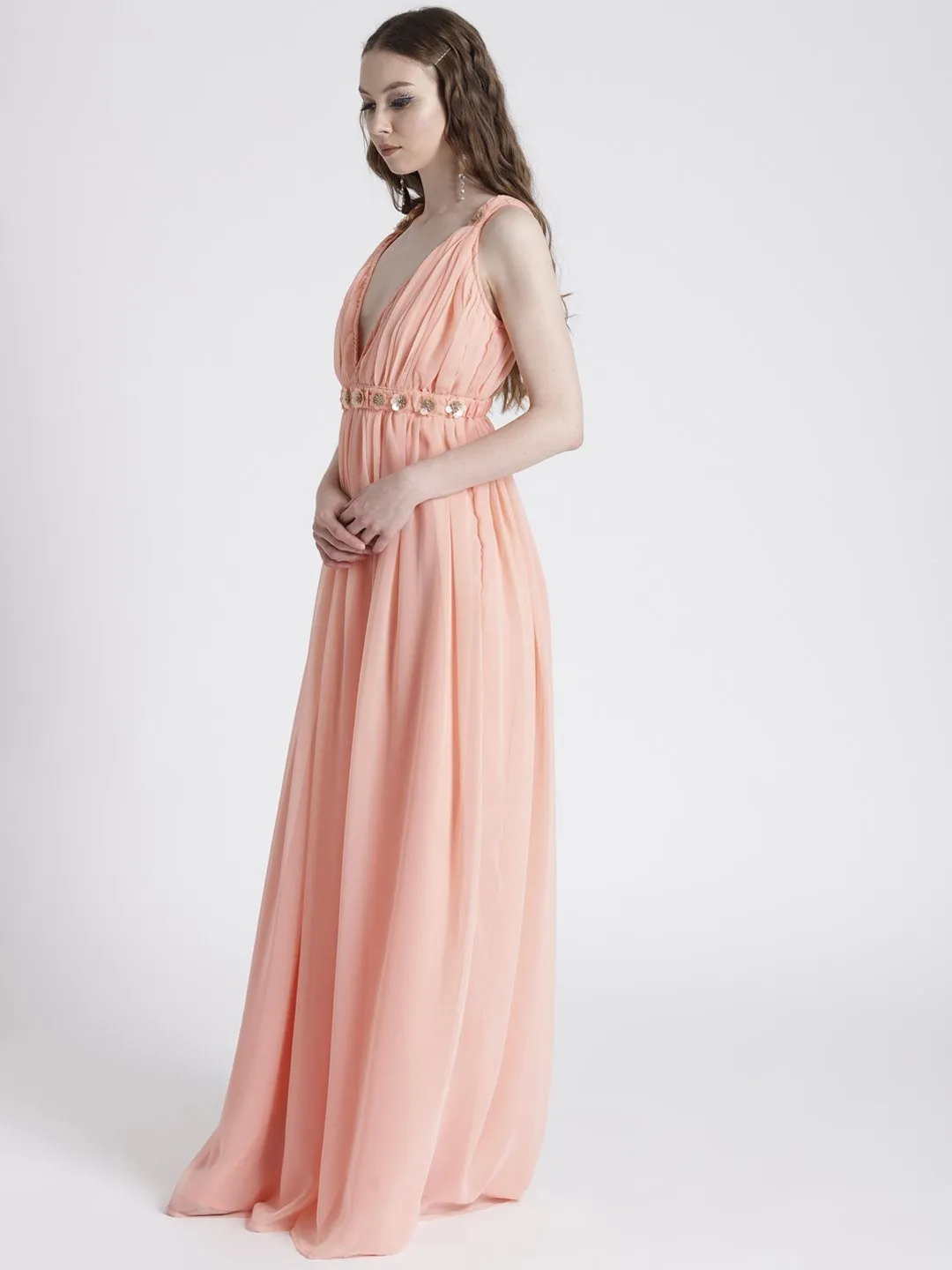 PEACH V-NECKLINE GOWN WITH BROOCH DETAIL