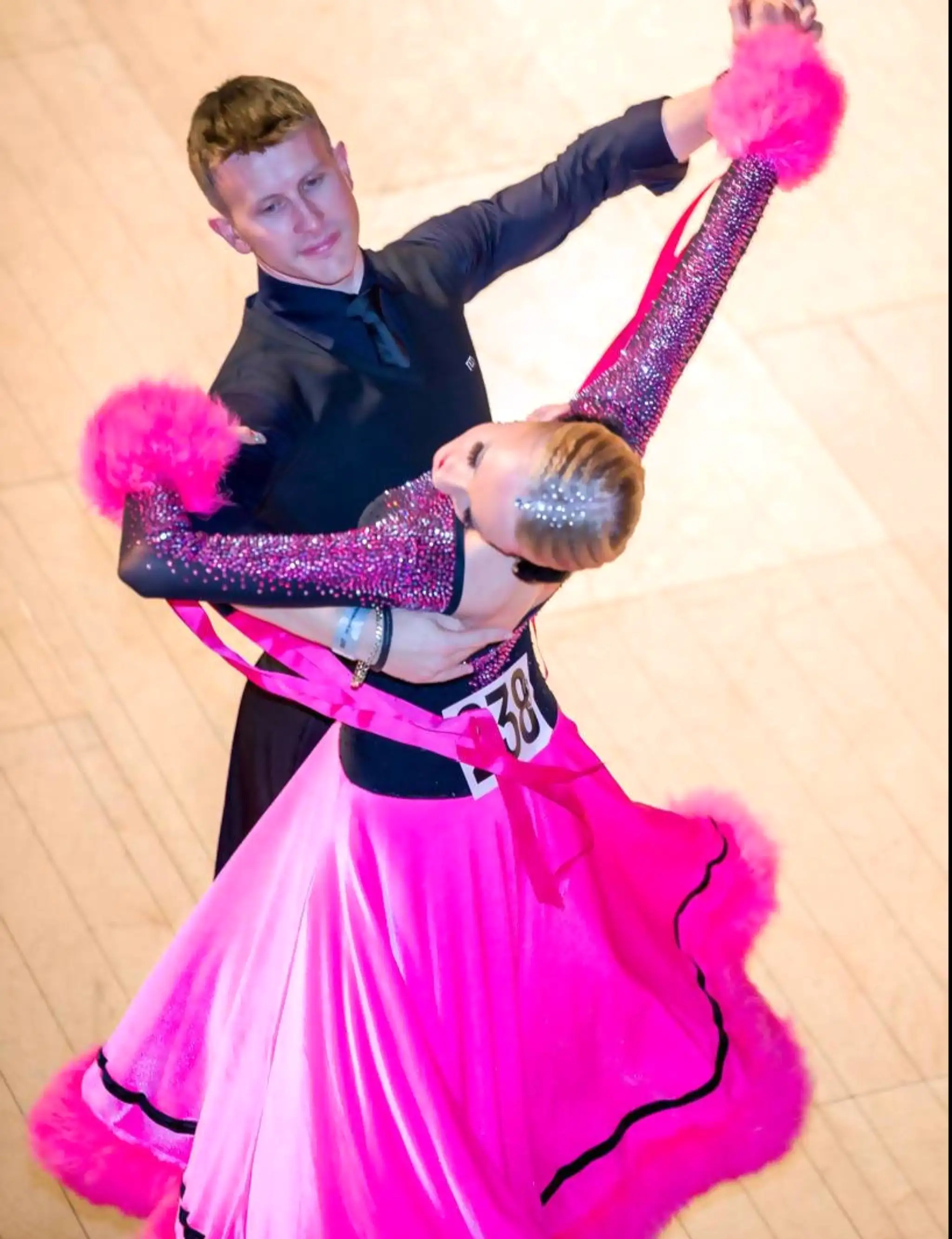 Pink & Black Ballroom Dress with Feathers