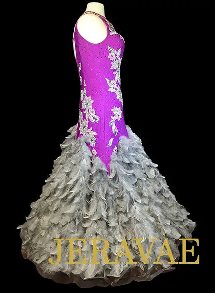 Purple and Grey Smooth Dress with Grey Feathers, Grey Lace, and Swarovski Stones Size Medium/Large SMO078