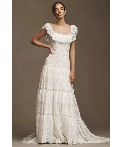 RISH Lauren Square-Neck A-Line Tiered Lace Wedding Gown