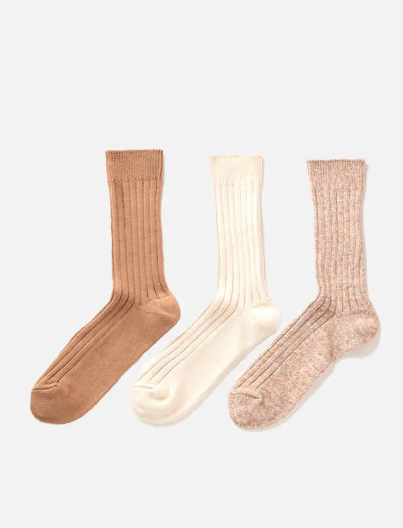 RoToTo Organic Daily 3 Pack Ribbed Crew Socks Ecru / Brown