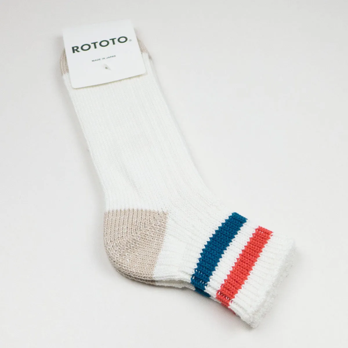 RoToTo - O.S. Ribbed Ankle Socks - White / Light Red / Medium Blue