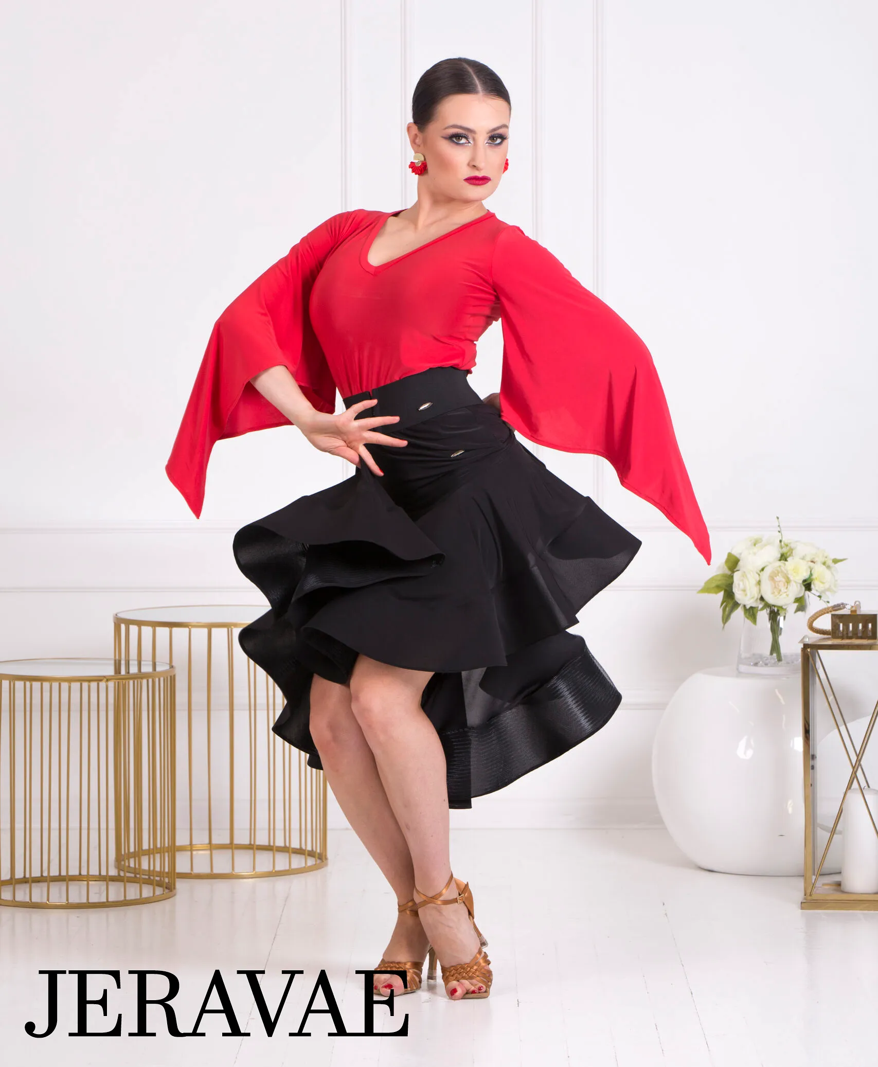 Senga Dancewear LILY Latin or Ballroom Practice Top with Loose Sleeves Available in Red, Black, and Blue PRA 1073 in Stock