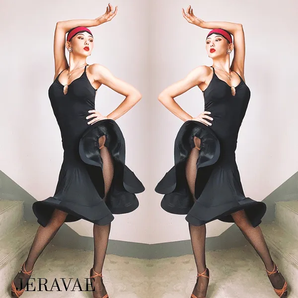 Sexy Sleeveless Black Latin Practice Dress with Open Back, Horsehair Hem, and High Slit on Side PRA 812_sale