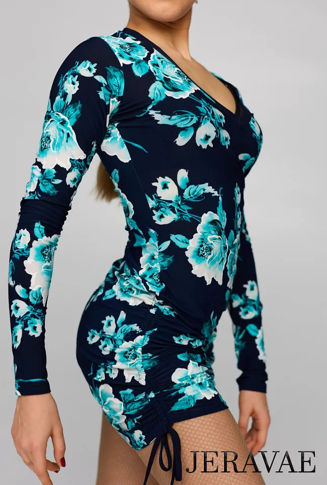 Short Navy Blue Floral Latin Practice Dress with Long Sleeves, Ruching, and Adjustable Ties on Side PRA 818