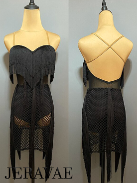 Sleeveless Black Mesh, Fishnet, and Fringe Latin Practice Dress with Attached Bodysuit and Open Back PRA 887_sale