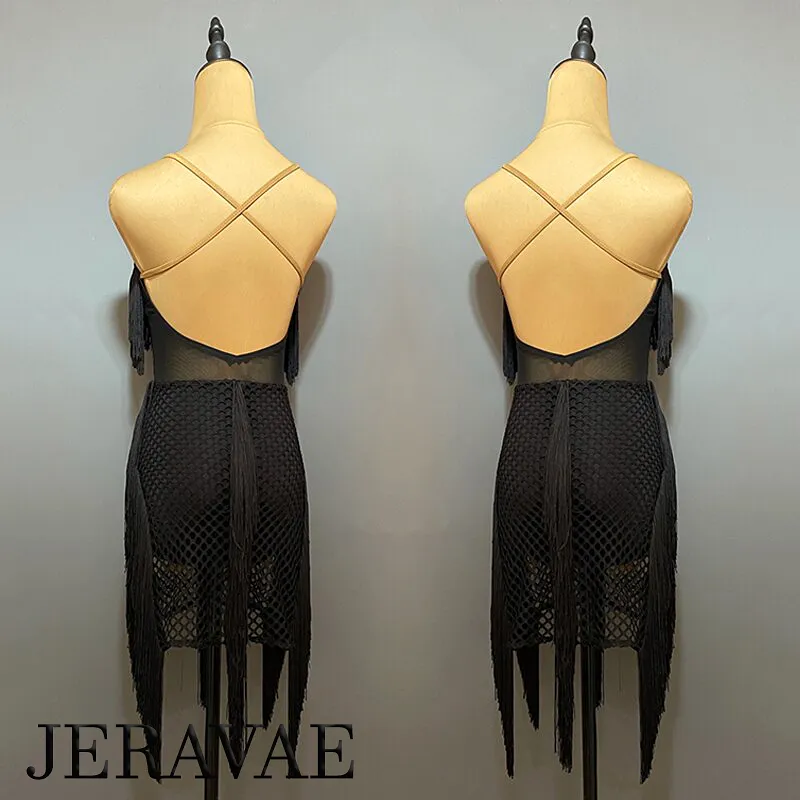 Sleeveless Black Mesh, Fishnet, and Fringe Latin Practice Dress with Attached Bodysuit and Open Back PRA 887_sale