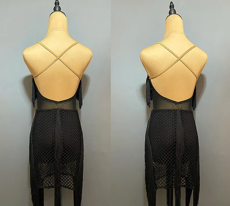 Sleeveless Black Mesh, Fishnet, and Fringe Latin Practice Dress with Attached Bodysuit and Open Back PRA 887_sale