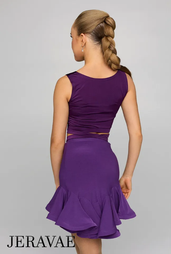 Sleeveless Latin Practice Crop Top with Ruching and Crisscross Front Tie Available in Purple and Black PRA 827