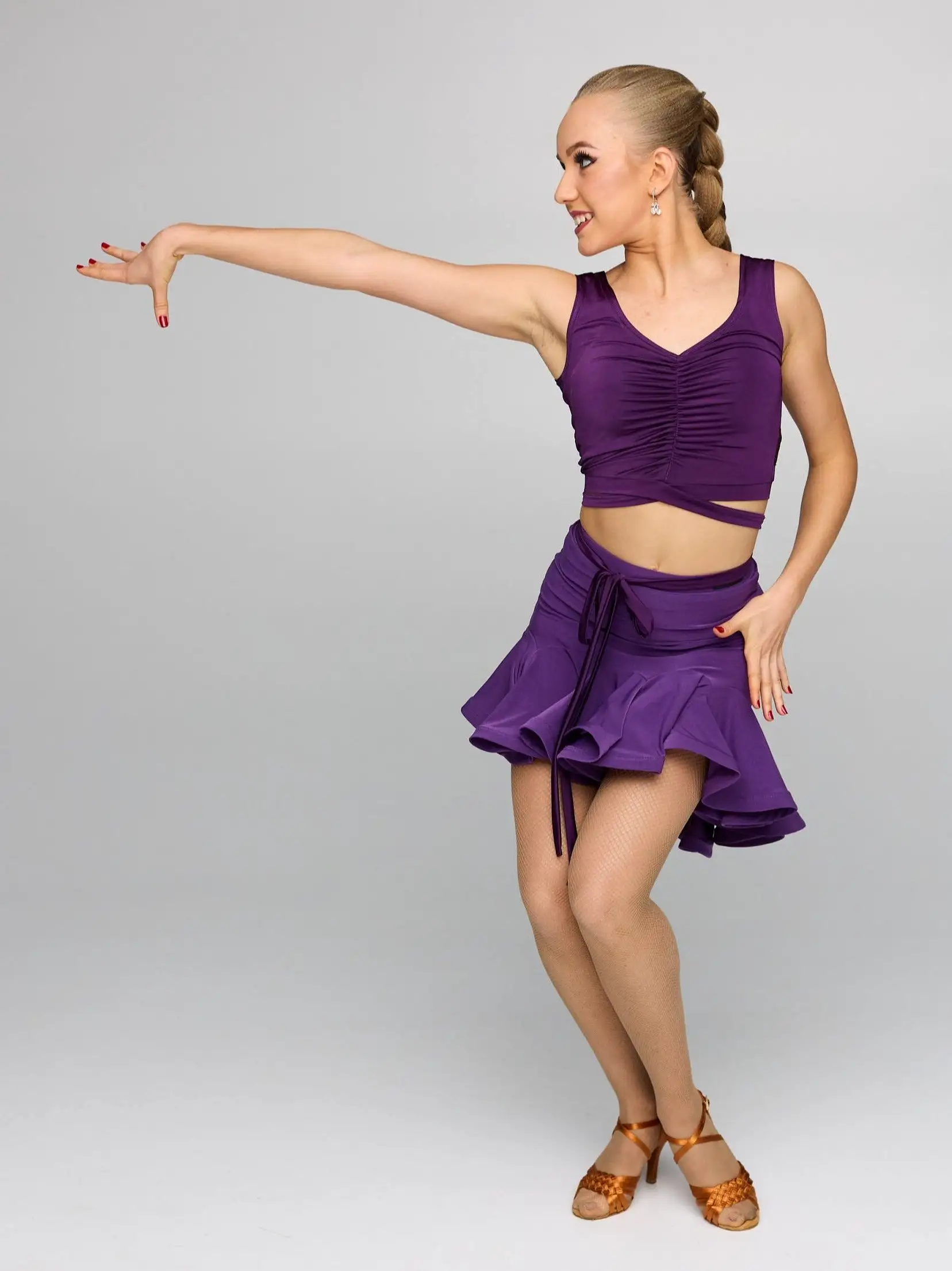 Sleeveless Latin Practice Crop Top with Ruching and Crisscross Front Tie Available in Purple and Black PRA 827