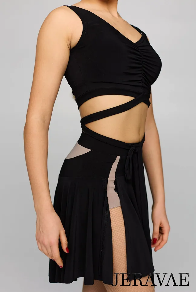 Sleeveless Latin Practice Crop Top with Ruching and Crisscross Front Tie Available in Purple and Black PRA 827