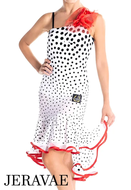 Victoria Blitz Cremona White Mesh Latin Practice Dress with Black Velvet Polka Dots and Red Flower Detail Sizes XS-3XL PRA 905 i