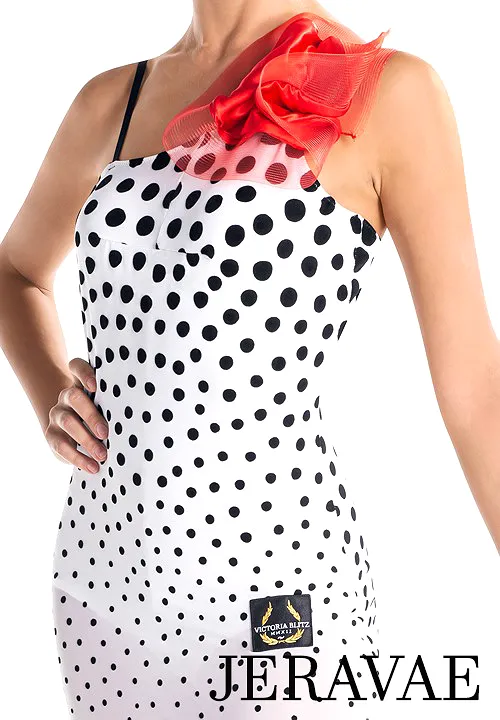 Victoria Blitz Cremona White Mesh Latin Practice Dress with Black Velvet Polka Dots and Red Flower Detail Sizes XS-3XL PRA 905 i