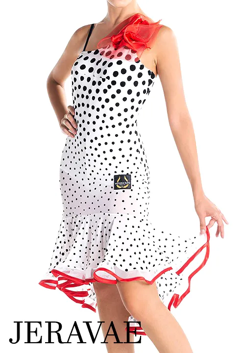 Victoria Blitz Cremona White Mesh Latin Practice Dress with Black Velvet Polka Dots and Red Flower Detail Sizes XS-3XL PRA 905 i