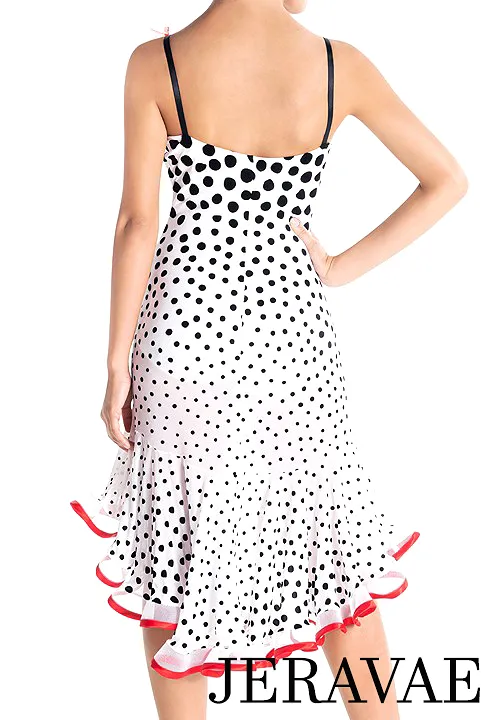 Victoria Blitz Cremona White Mesh Latin Practice Dress with Black Velvet Polka Dots and Red Flower Detail Sizes XS-3XL PRA 905 i