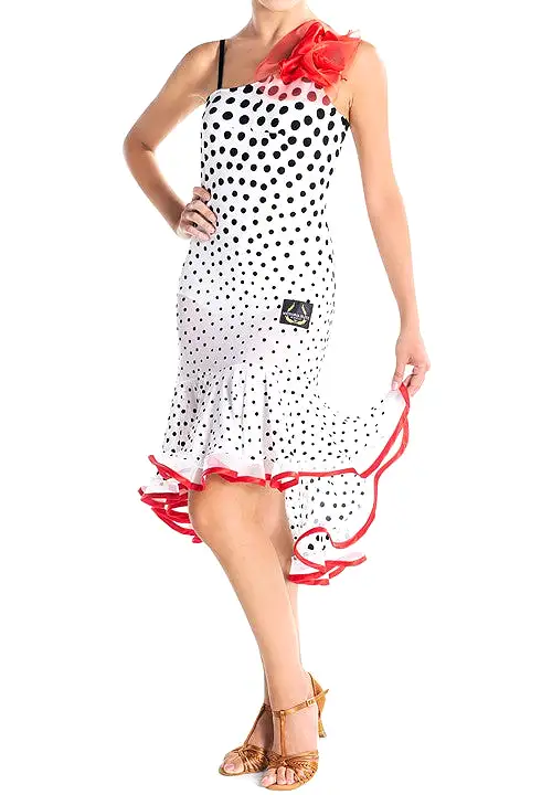 Victoria Blitz Cremona White Mesh Latin Practice Dress with Black Velvet Polka Dots and Red Flower Detail Sizes XS-3XL PRA 905 i