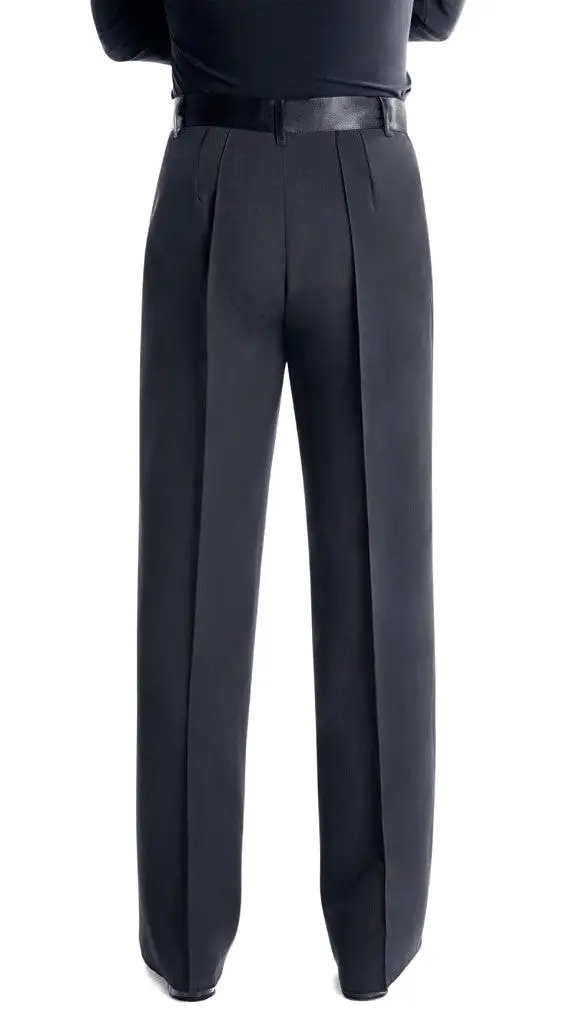 Victoria Blitz Men's Black Latin or Ballroom Dance Pants with Satin Waistband, Belt Loops, and Stripe on Sides MP11 in Stock