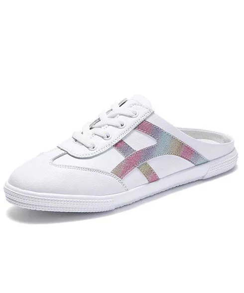 White pattern stripe lace mule shoe sneaker