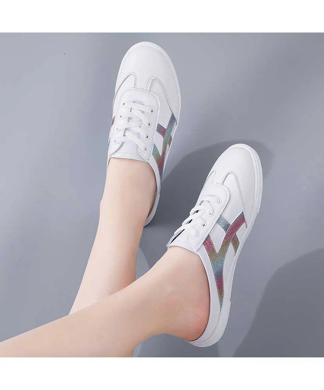 White pattern stripe lace mule shoe sneaker