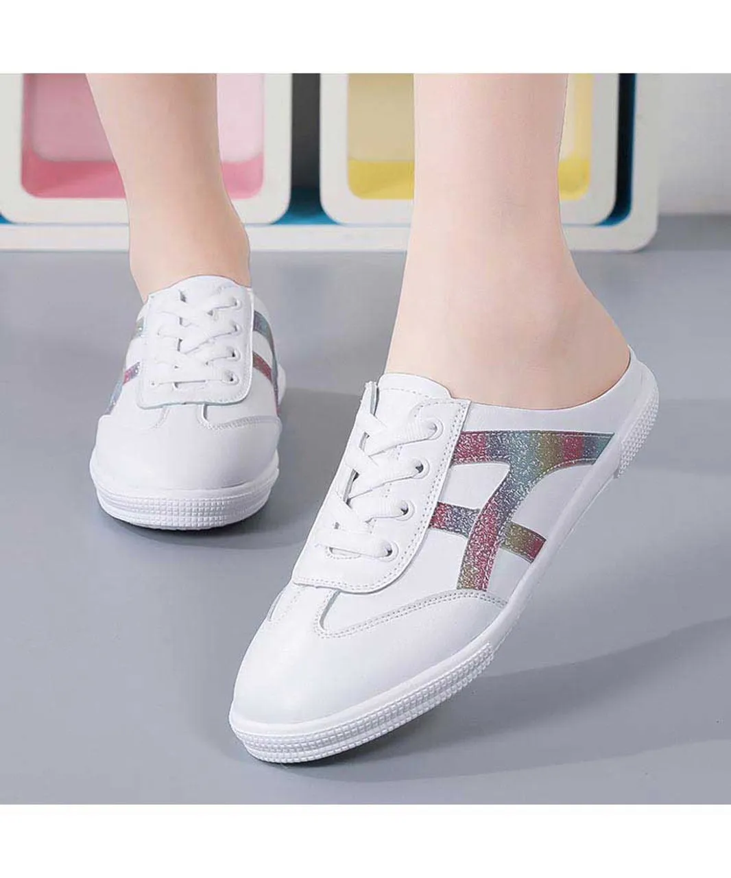 White pattern stripe lace mule shoe sneaker