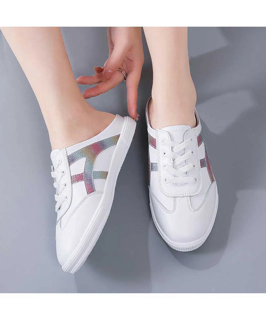 White pattern stripe lace mule shoe sneaker