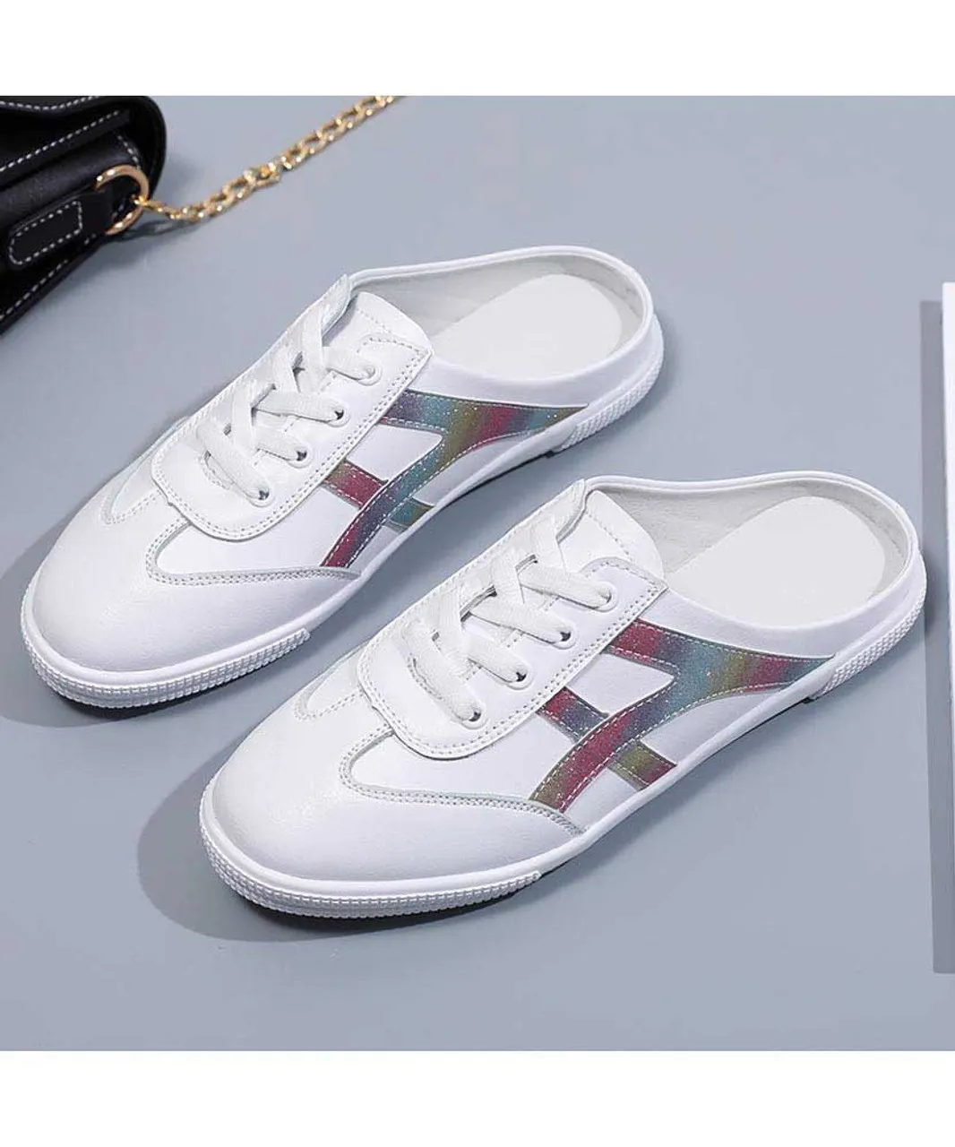 White pattern stripe lace mule shoe sneaker