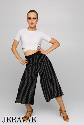 White Short Sleeve Latin Practice Crop Top with Wrap Crisscross Back Tie PRA 828