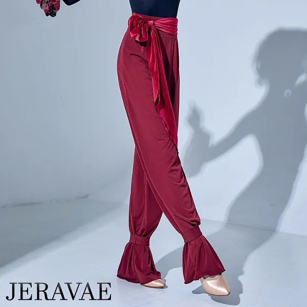 Women's Red or Black High Waisted Loose Fit Ballroom or Latin Practice Pants with Attached Velvet Belt Tie and Ankle Ties PRA 83