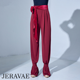 Women's Red or Black High Waisted Loose Fit Ballroom or Latin Practice Pants with Attached Velvet Belt Tie and Ankle Ties PRA 83