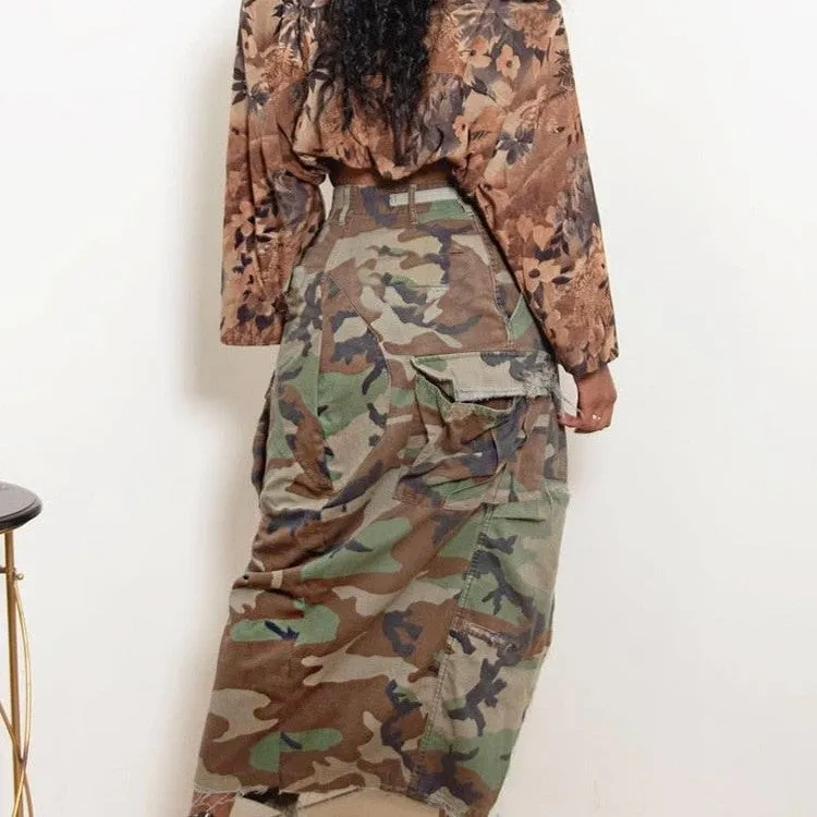 Women's Split Camouflage Pattern Loose High Waist Casual Long Skirt