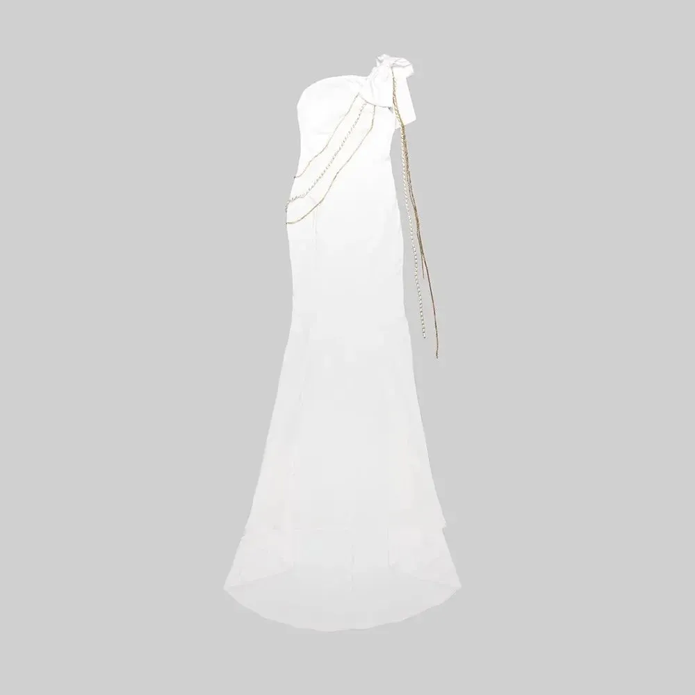 Women's White Sexy One-Shoulder Bow Chain Decor Party Long Gown