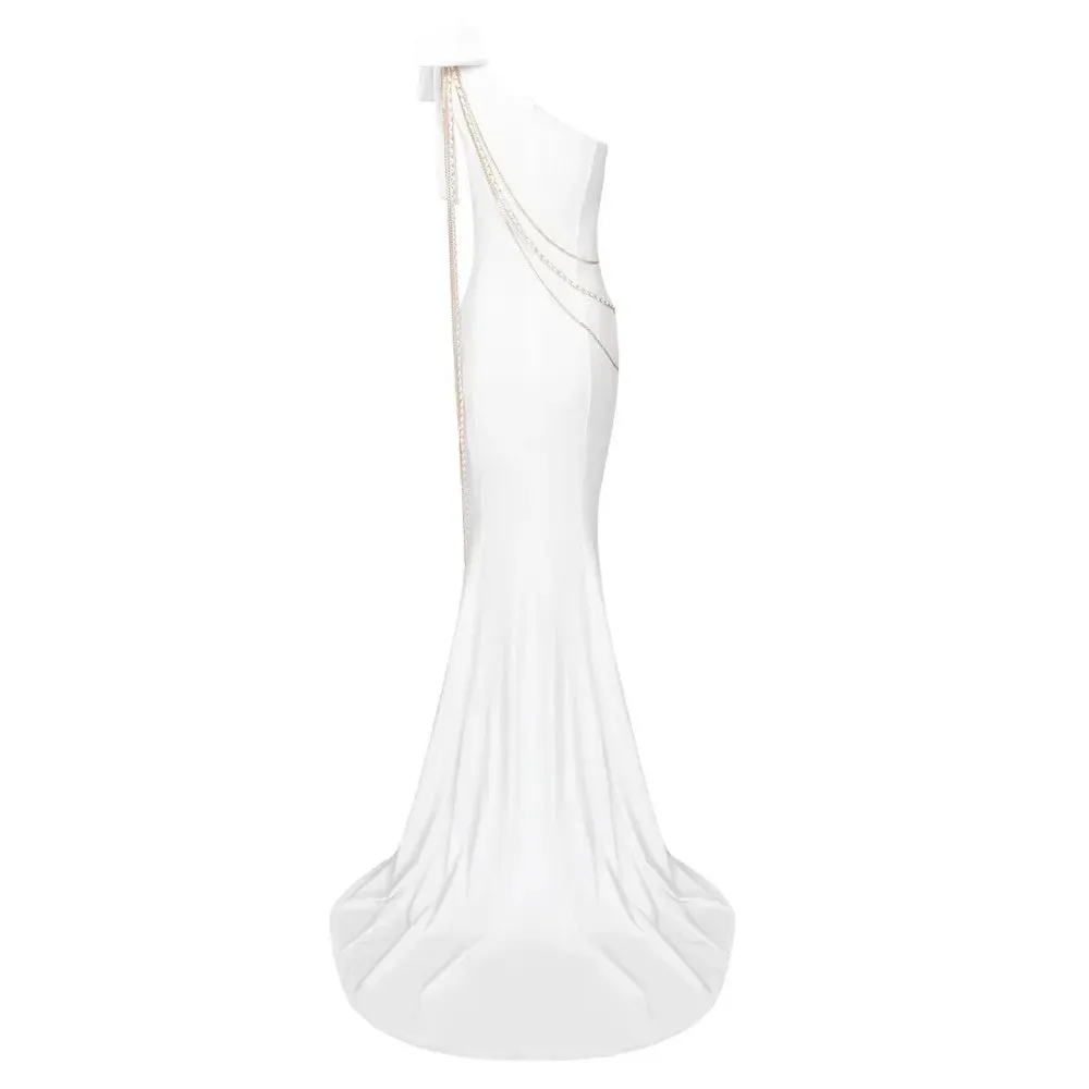 Women's White Sexy One-Shoulder Bow Chain Decor Party Long Gown