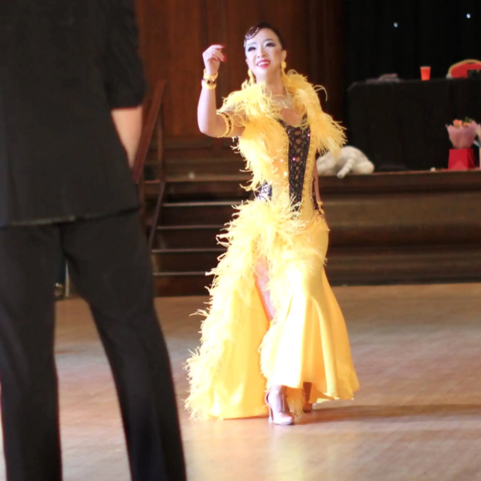 Yellow Smooth Ballroom Dress with Feathers