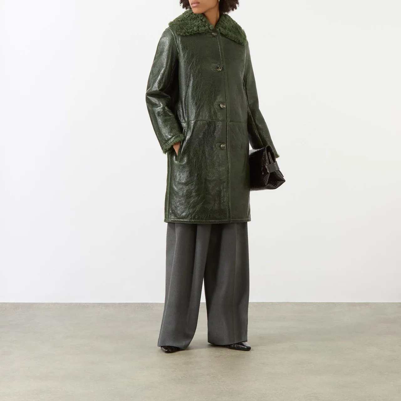 YVES SALOMON Leather Shearling-Trim Coat - Green