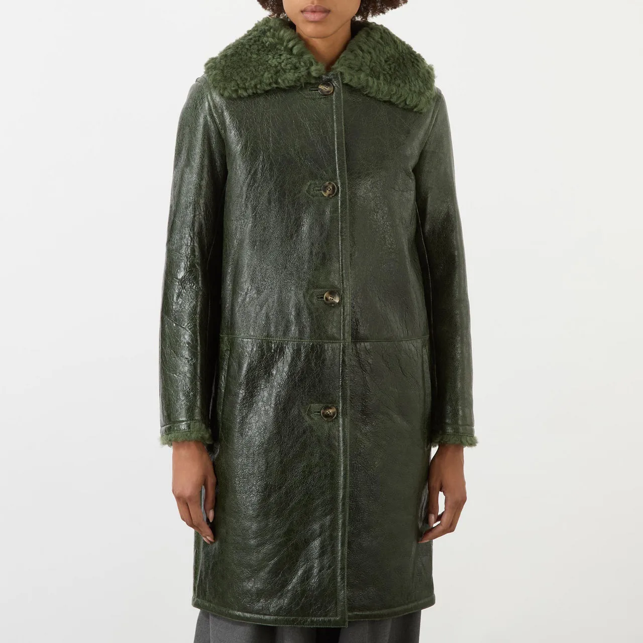 YVES SALOMON Leather Shearling-Trim Coat - Green