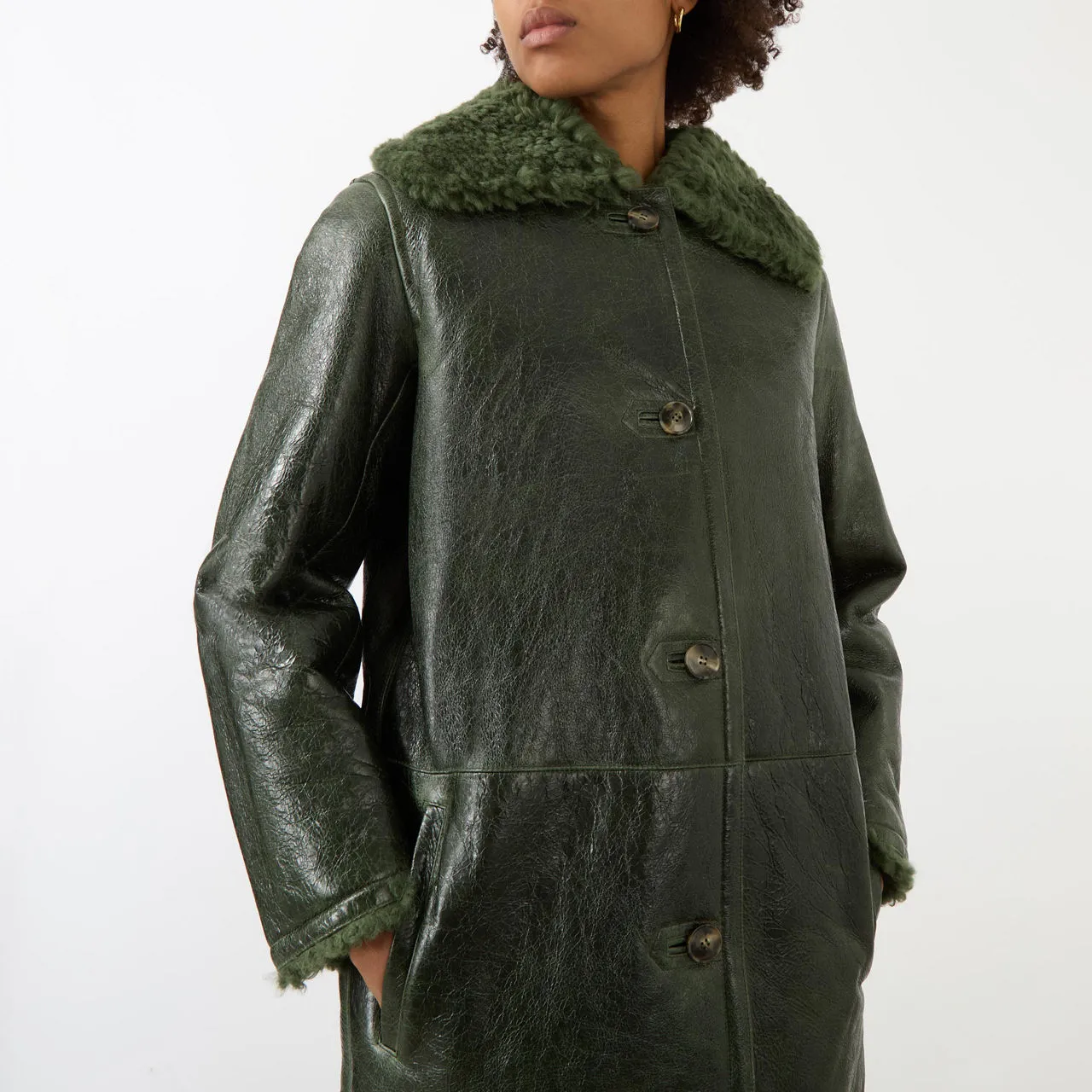 YVES SALOMON Leather Shearling-Trim Coat - Green