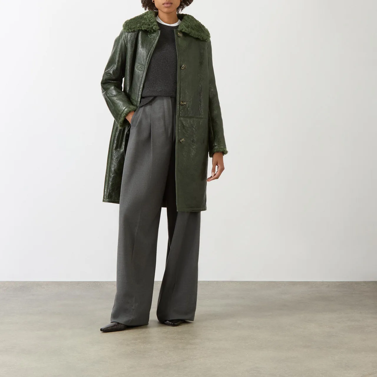 YVES SALOMON Leather Shearling-Trim Coat - Green